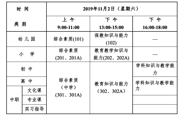 2019下半年教师资格考试时间是什么时候？